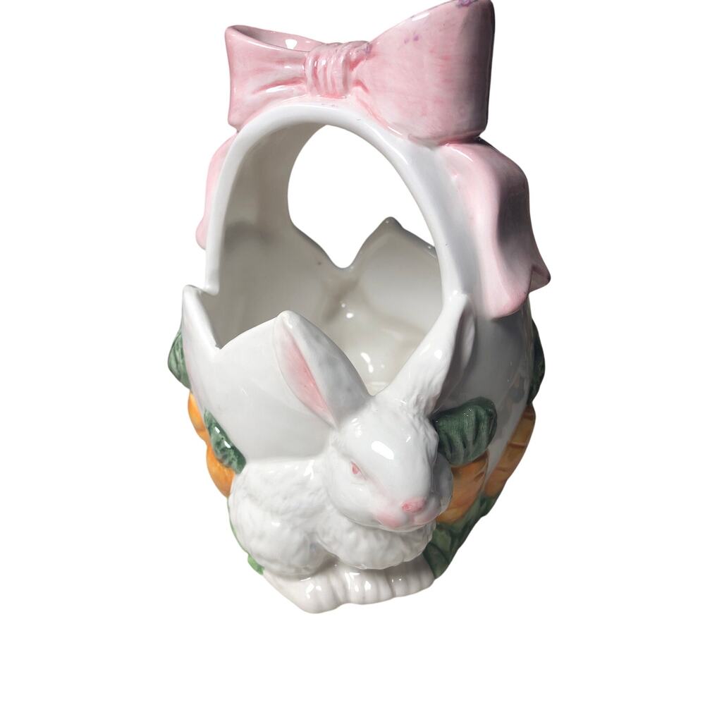 Easter Basket Ceramic Smug Bunnies Carrot Patch Pink Ribbon